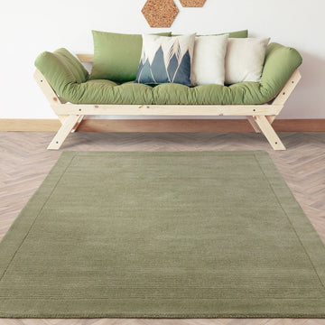 York Modern Plain Textured Subtle Ribbed Stripe Contrasting Smooth Border Handwoven Wool Loop Pile Muted Sage Rug-Asiatic Carpets-Rug Love - The Most Loved Rug Store